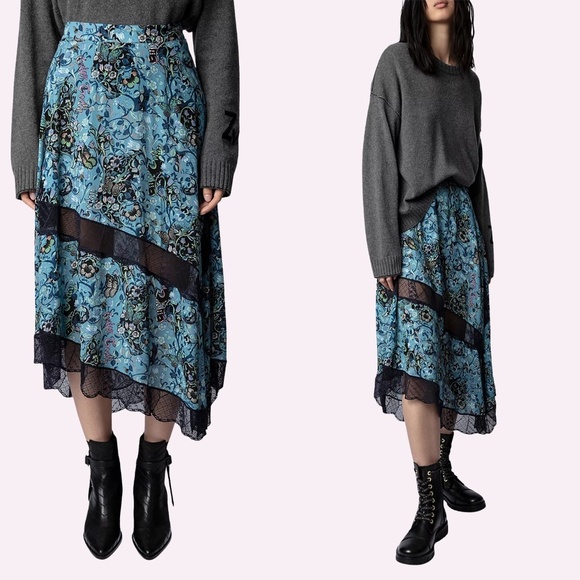 ZADIG & VOLTAIRE Juliet Bohemiam Patch Lace Trim Maxi Skirt  in Oxford Sz 36 - Picture 1 of 7